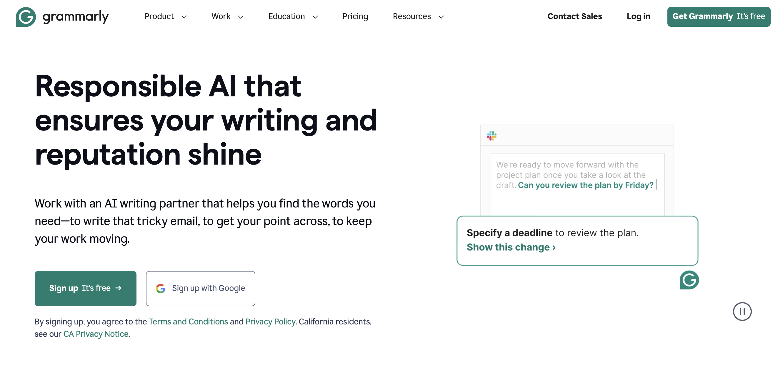 Smodin’s screenshot of Grammarly’s homepage. 